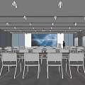 Modern Conference Room Interior With Large Screen Blue Walls And Rows Of Tables And Chairs