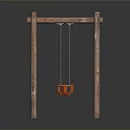Wooden Swing With Red Bucket Seat Hung By Chains On Two Wooden Posts