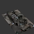 Dismantled Car Wreckage With Scattered Rusted Metal Parts On Ground