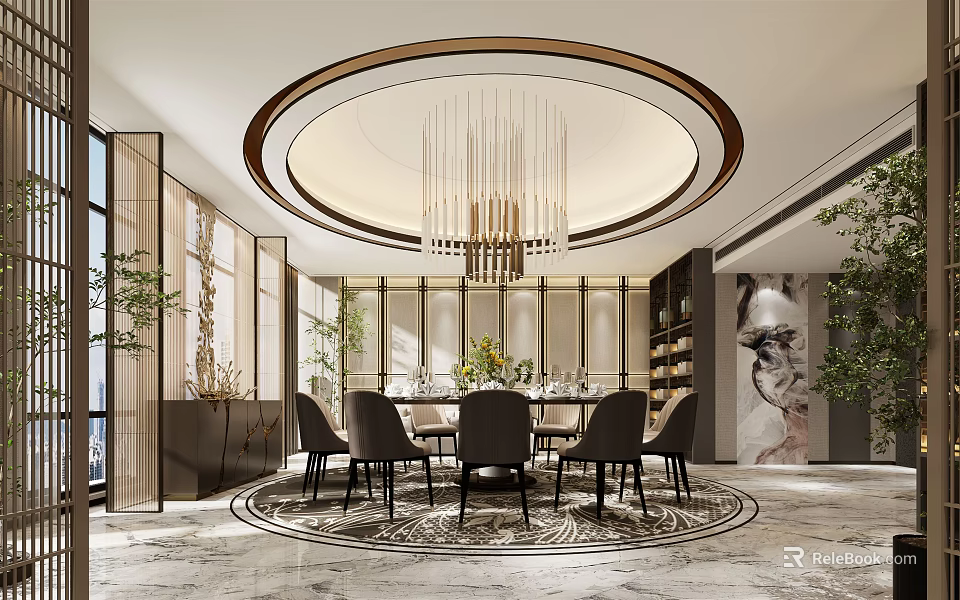 Modern Private Dining Room With Round Table Chairs Chandelier And Marble Floor Design 3d model 