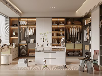 Luxurious Walk in Closet Interior With Open Shelves Hanging Clothes And Central Vanity 3d model