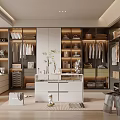 Luxurious Walk in Closet Interior With Open Shelves Hanging Clothes And Central Vanity