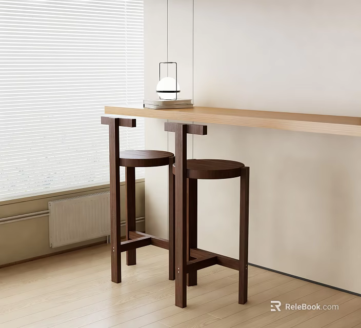 Minimalist Wooden Bar Counter With Dark Bar Stools Window Blinds And Lantern Pendant Light 3d model 
