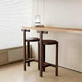 Minimalist Wooden Bar Counter With Dark Bar Stools Window Blinds And Lantern Pendant Light