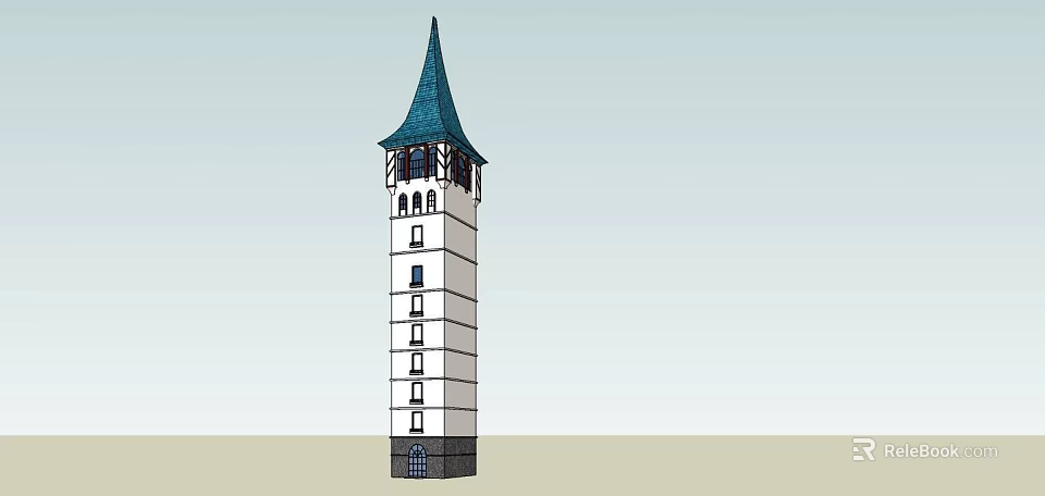 White Tall Tower With Blue Spire And Multiple Windows Architectural Design 3d model 