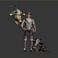 Adventurer Character With Goggles Backpack Gray Outfit Flying Yellow Green Creature And Wheeled Mechanical Creature