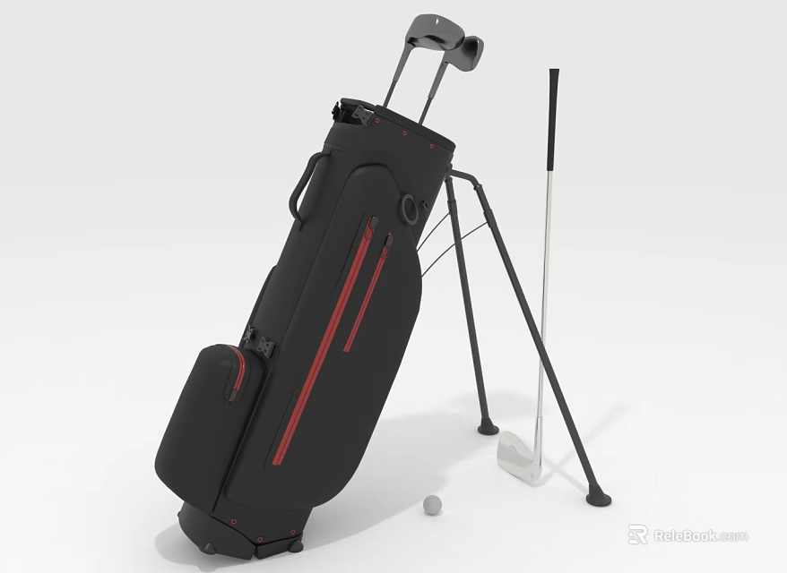 Black And Red Striped Golf Bag With Tripod Stand Golf Club Tee And Ball 3d model 