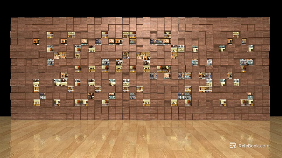 Background Wall Composed of Brown Square Panels With Inlaid Small Pictures And Light Wooden Floor 3d model 