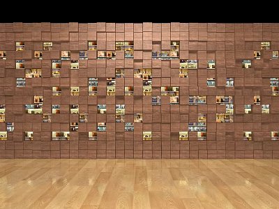 Background Wall Composed of Brown Square Panels With Inlaid Small Pictures And Light Wooden Floor 3d model