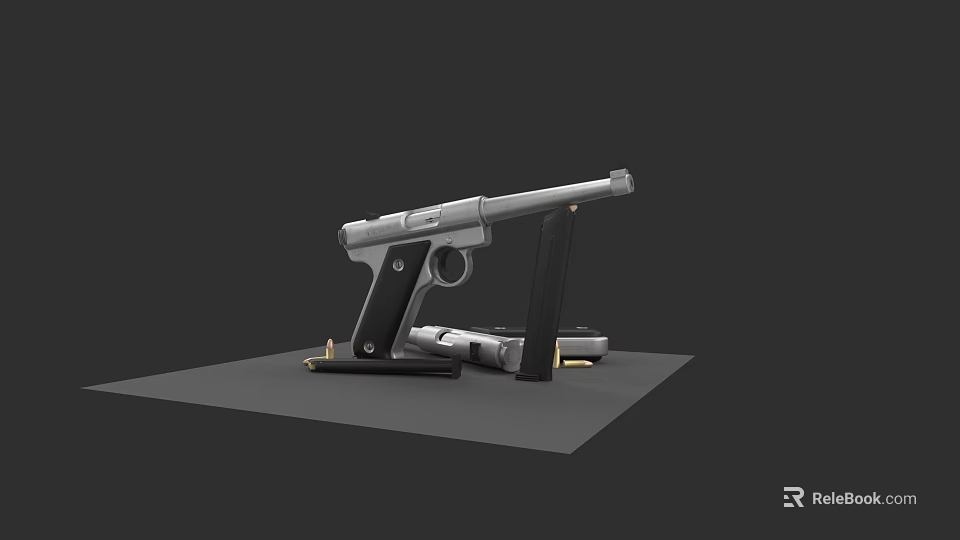Silver Pistol With Magazines Bullets On Gray Display Platform 3d model