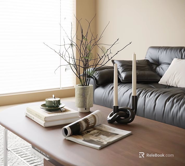 Living Room Decorative Ornaments Set With Coffee Table Books Teacup Magazine Vase And Candles 3d model 