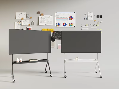 Two TVs With Black And White Stands Small Shelves Below Office Charts Notes Background 3d model