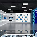 Modern High Tech Exhibition Hall With Blue Lighting Digital Lines Display Platform And Visitors