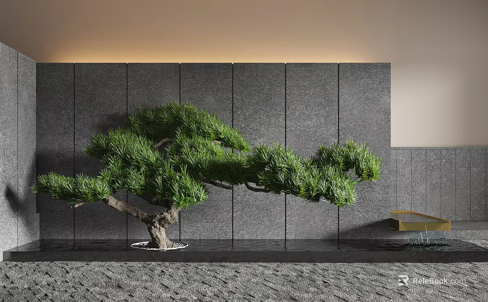 Pine Bonsai Tree in Modern Interior With Gray Wall Gravel Ground And Small Table 3d model 
