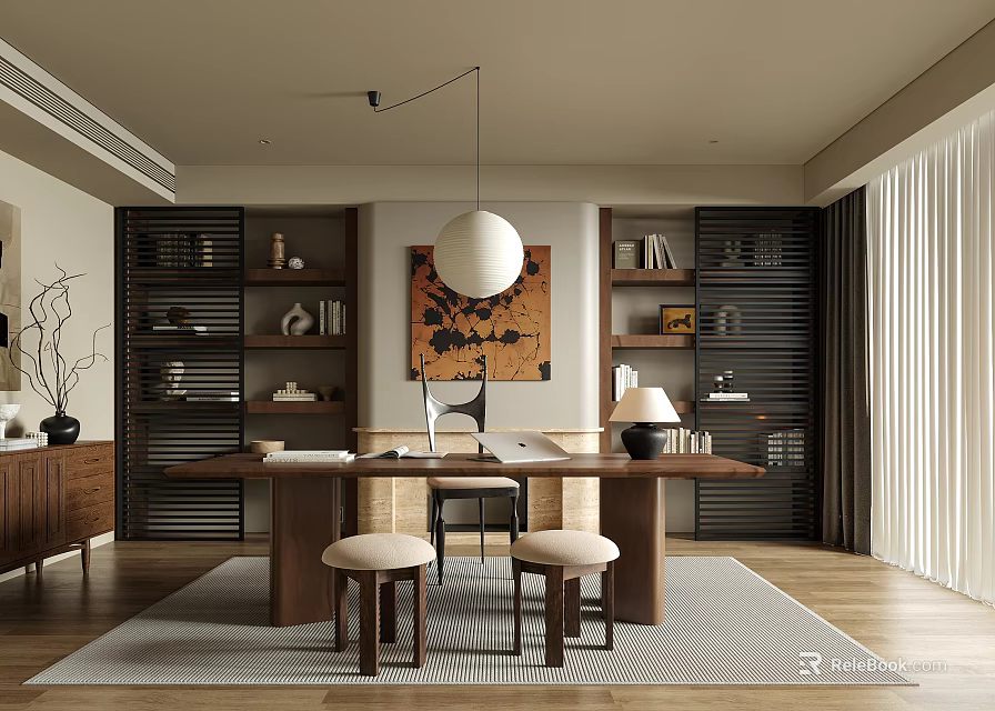 Warm Minimalist Study Room Interior With Wooden Desk Bookshelves And Pendant Light 3d model 
