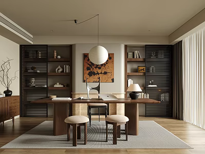 Warm Minimalist Study Room Interior With Wooden Desk Bookshelves And Pendant Light 3d model