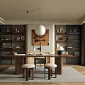 Warm Minimalist Study Room Interior With Wooden Desk Bookshelves And Pendant Light