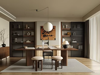 Study Bookcase Desk Chair Stool Book Chandelier 3d model