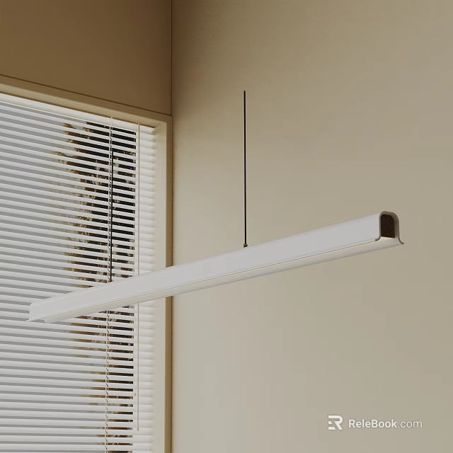 Modern White Long Linear Pendant Light in Room with Window Blinds 3d model