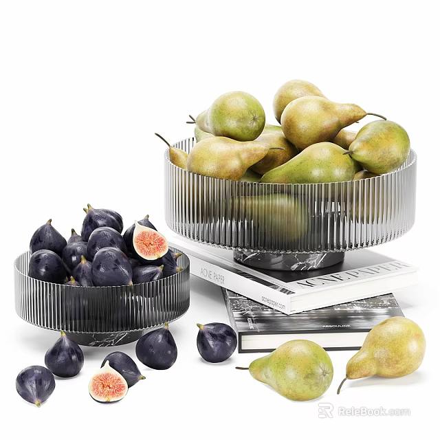 Fresh Figs And Pears In Stylish Metal Bowls With Books 3d model 