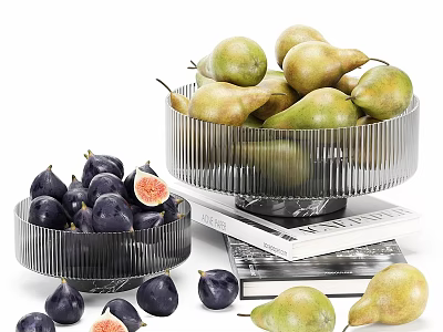 Fresh Figs And Pears In Stylish Metal Bowls With Books 3d model