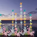 Colorful Windmill Decorative Setup With Pink White Flowers And Sunset Water Reflection