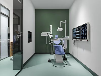 Dental Clinic Room With Green And White Walls Glass Door Dental Chair And Medical Equipment 3d model