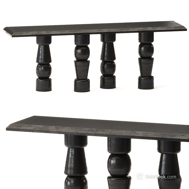 Black Solid Wood Dining Table Featuring Stacked Round Legs Design Structure 3d model 