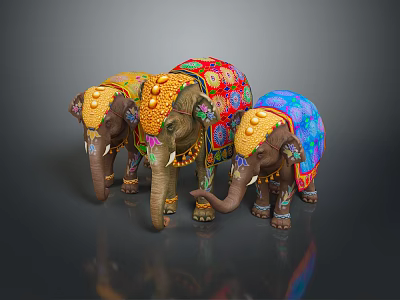 Three Colorful Decorative Elephant Figurines With Vibrant Patterns And Ornate Details 3d model