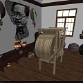Traditional Handicraft Display With Wooden Tool Hanging Portrait Clay Pots Lattice Window And Wood Floor
