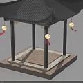 Chinese Traditional Pavilion With Black Curved Roof Hanging Red Tassel Lanterns And Stone Base
