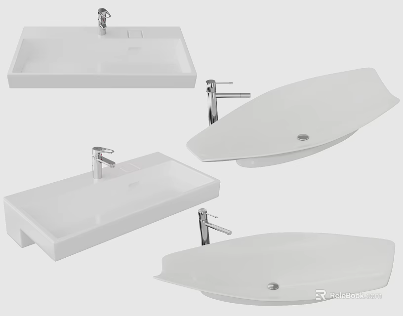 White Countertop Washbasins With Various Modern Styles And Chrome Faucets 3d model