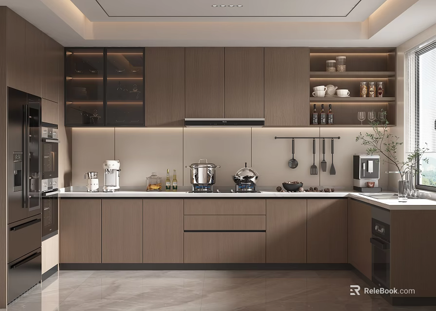 Modern Open Concept Kitchen Interior With Cabinets Countertop And Appliances 3d model