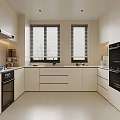 Modern Kitchen Interior With White Cabinets Two Windows Blinds And Appliances 3d model