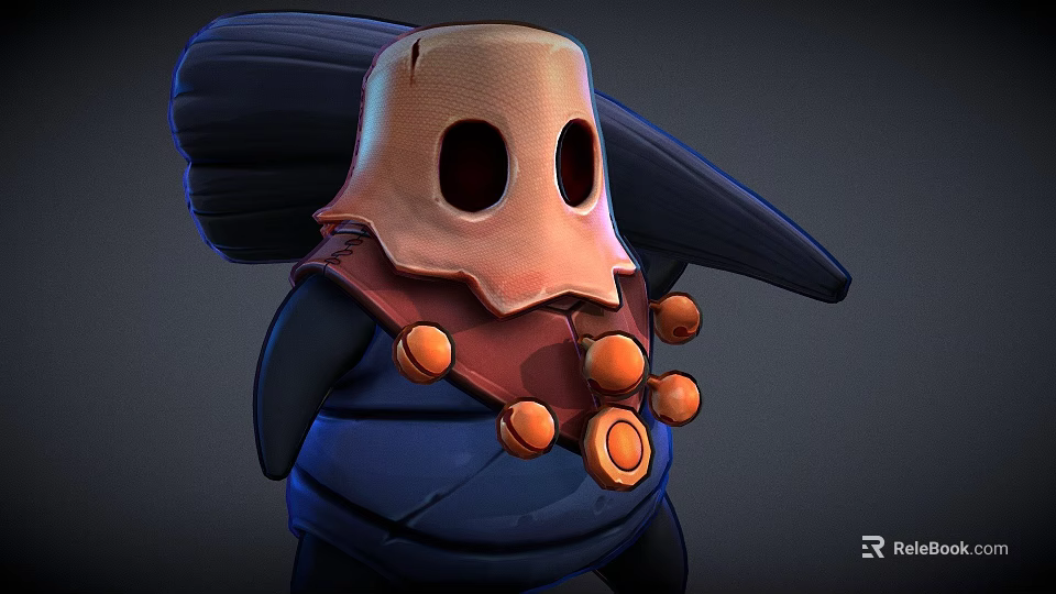 Cartoon Game Character With Beige Head Black Hollow Eyes Large Hat Blue Outfit Orange Ornaments 3d model 