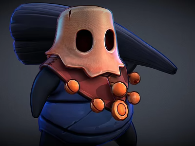Cartoon Game Character With Beige Head Black Hollow Eyes Large Hat Blue Outfit Orange Ornaments 3d model