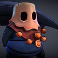 Cartoon Game Character With Beige Head Black Hollow Eyes Large Hat Blue Outfit Orange Ornaments