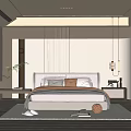 Modern Bedroom Interior with Comfortable Bed Nightstand and Pendant Lighting Rug and Potted Plant Decoration