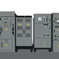 Gray Industrial Control Cabinets With Warning Signs Control Panels And Ventilation Grilles