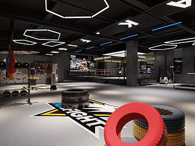 Fitness Gym Training Space with Republic Mat Stacked Tires Boxing Ring and Hexagonal Lighting 3d model