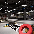 Fitness Gym Training Space with Republic Mat Stacked Tires Boxing Ring and Hexagonal Lighting