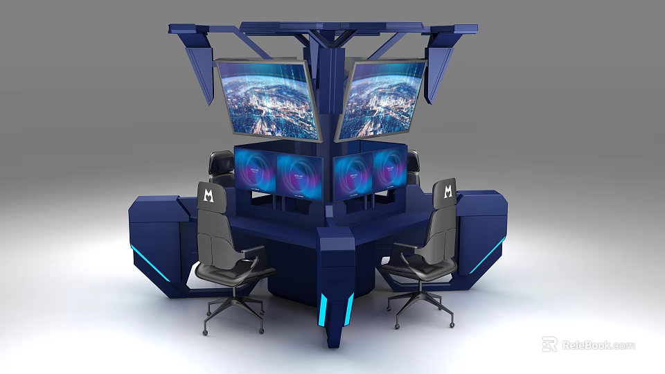 Modern Blue Gaming Desk With Multiple Monitors Ergonomic Chairs And LED Accent Lights 3d model 