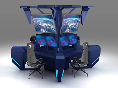 Modern Blue Gaming Desk With Multiple Monitors Ergonomic Chairs And LED Accent Lights 3d model
