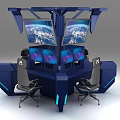 Modern Blue Gaming Desk With Multiple Monitors Ergonomic Chairs And LED Accent Lights