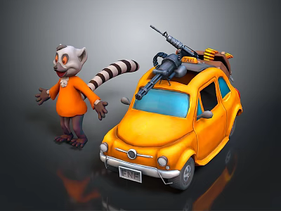 Small Yellow Cartoon Car With Raccoon And Gun Luggage On Top 3d model