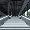 Modern Cultural Center Interior With Curved Walls Glass Display Cases Blue Floor And Lighting