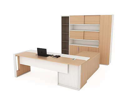 Modern Wooden Office Desk With Side Cabinets Shelves And Laptop On Top 3d model
