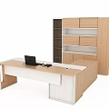 Modern Wooden Office Desk With Side Cabinets Shelves And Laptop On Top