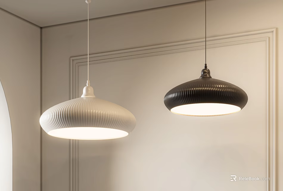 Two Modern Black and White Pendant Lights in Interior Room 3d model 