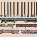 New Chinese style column painted cross beam wood beam painted silhouette beam column structure ancient building component decorative column 3d model